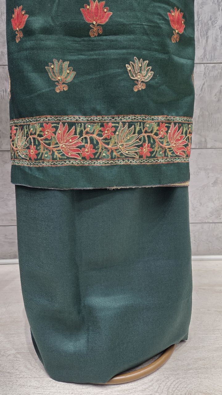 Embroidered Green Woolen Unstitched Suit view 5