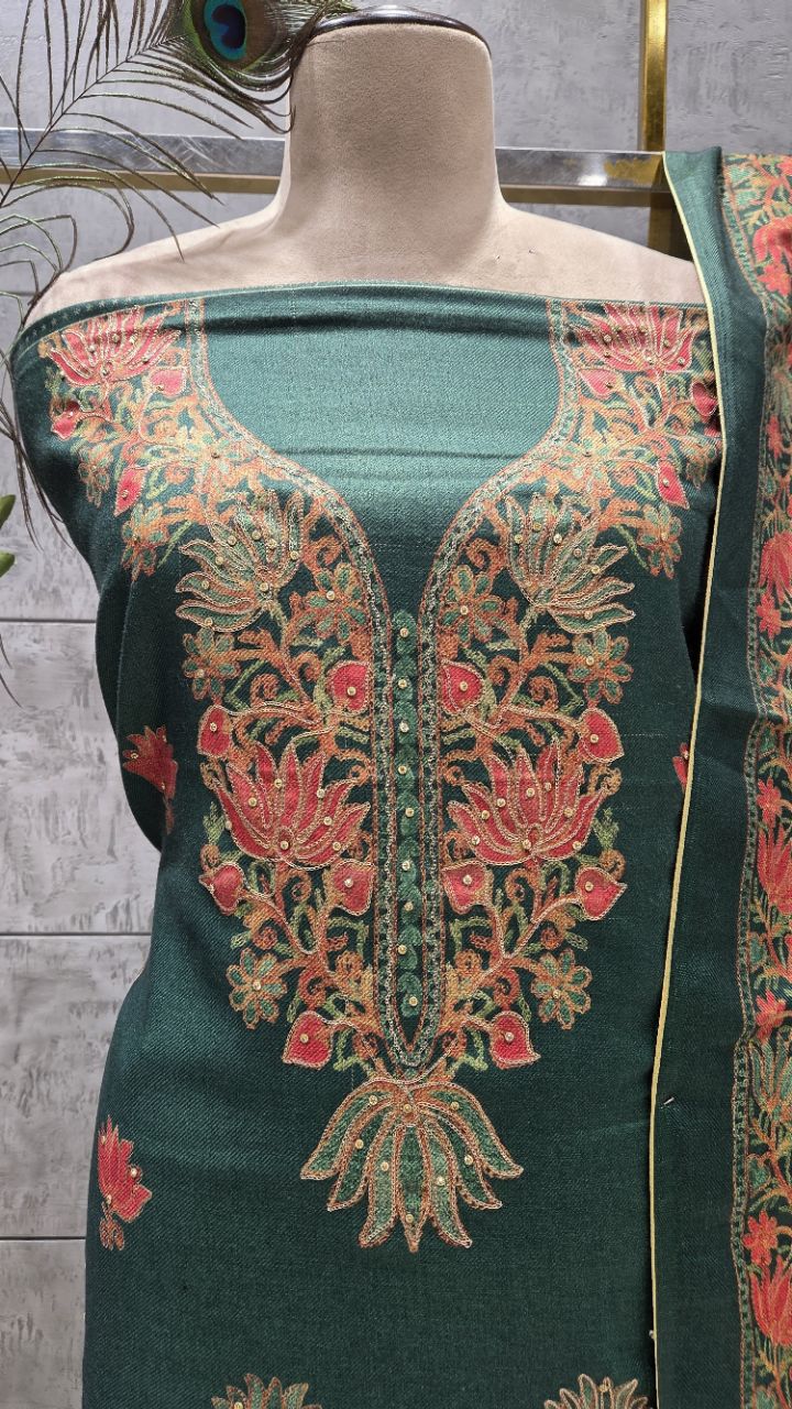 Embroidered Green Woolen Unstitched Suit view 4