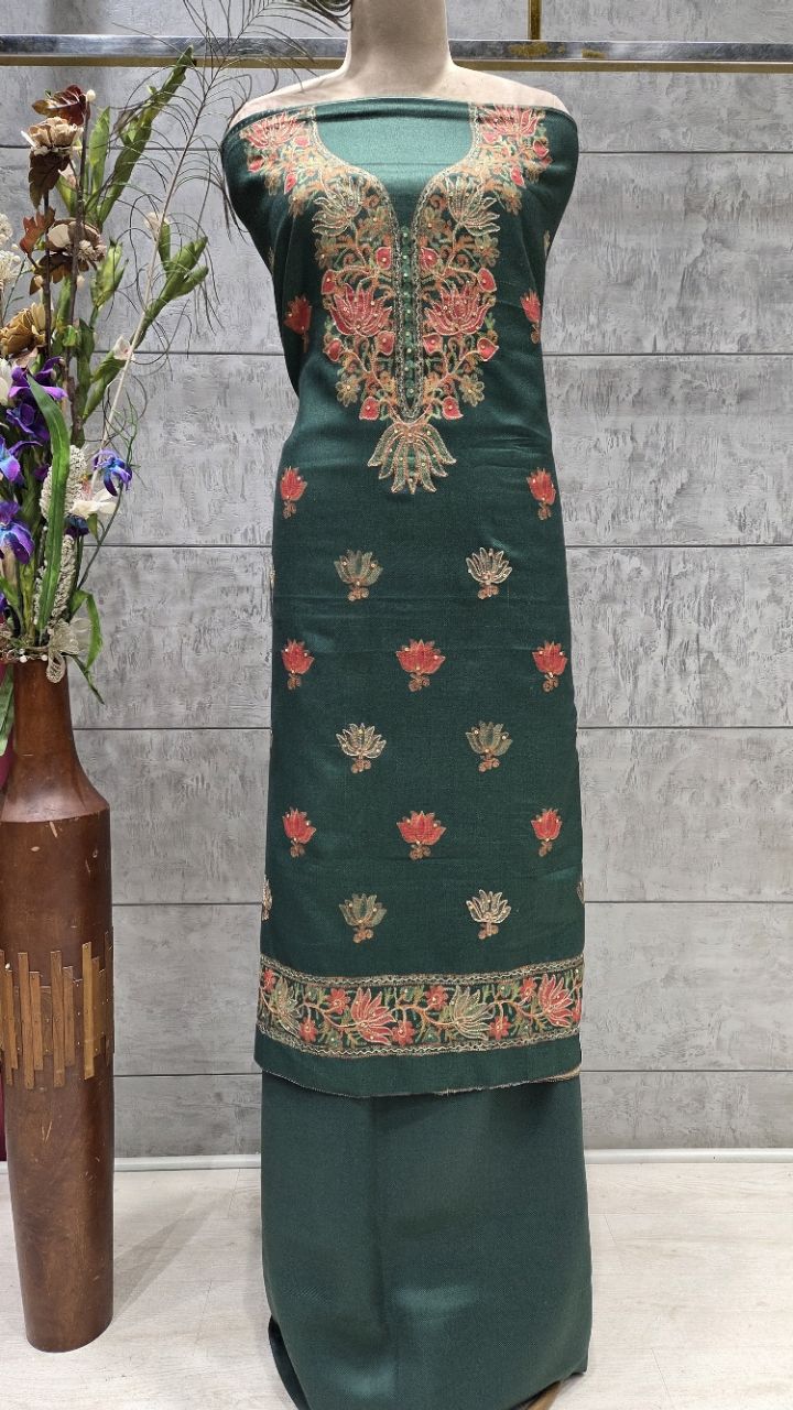 Embroidered Green Woolen Unstitched Suit view 2