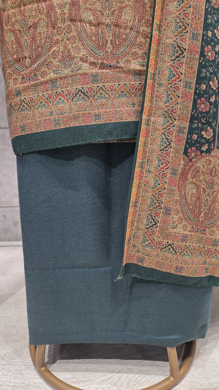 Embroidered Winter Woolen Unstitched Suit Green Color For Women view 4