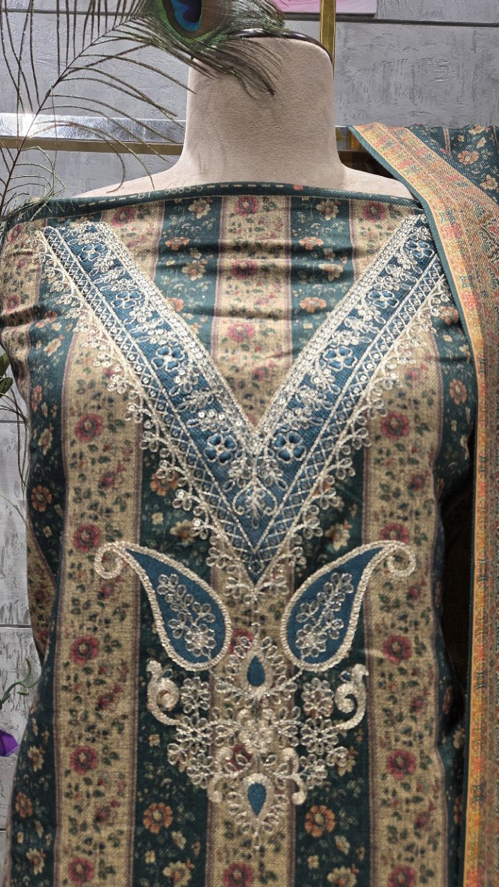 Embroidered Winter Woolen Unstitched Suit Green Color For Women view 3