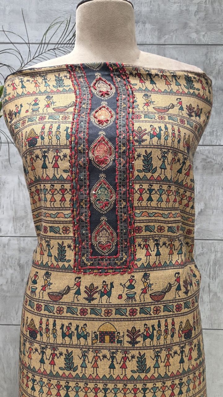 Printed Ethnic Winter Woolen Unstitched Suit For Women view 3