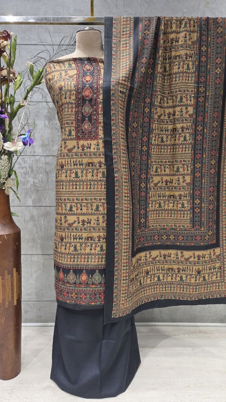 Printed Ethnic Winter Woolen Unstitched Suit For Women