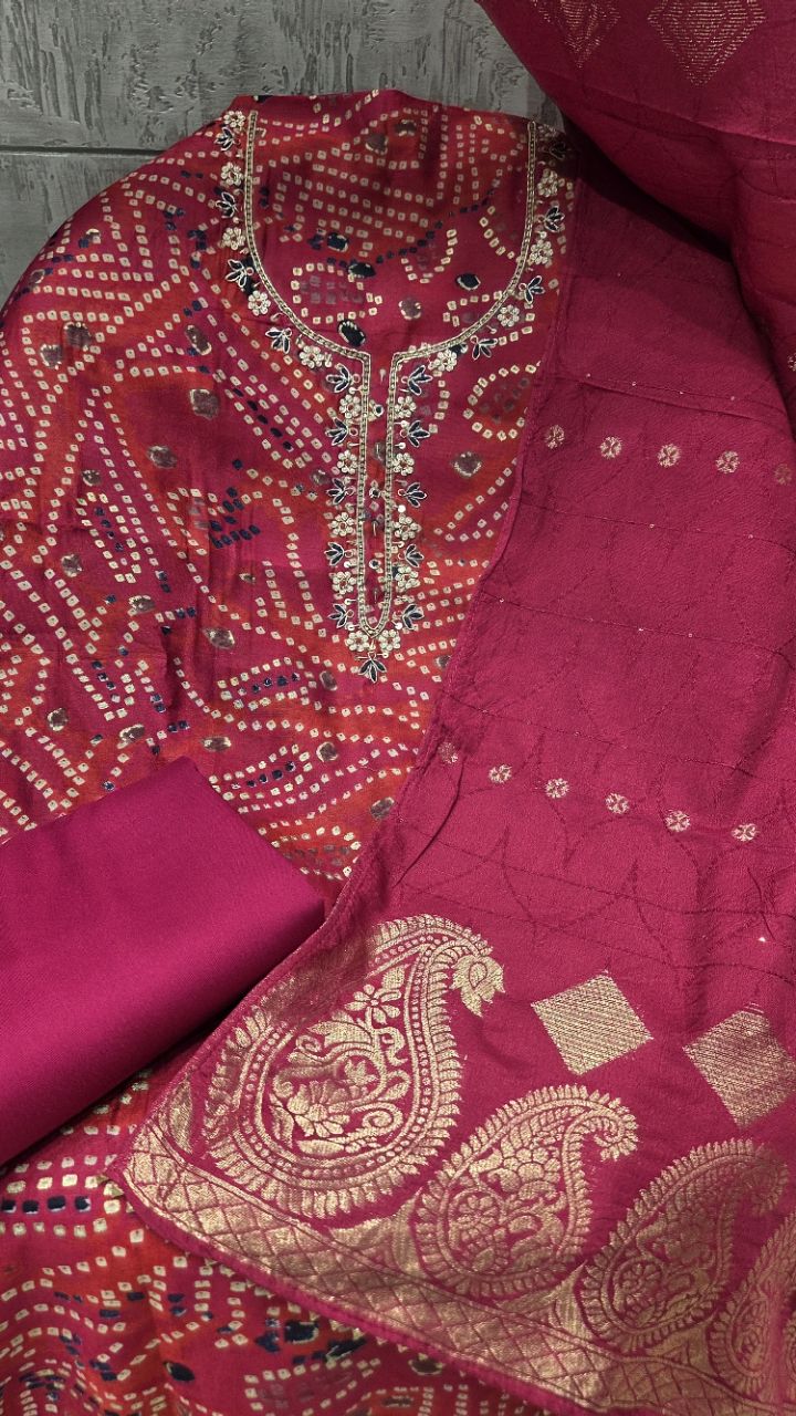 Bandhani Unstitched Silk Suit view 3