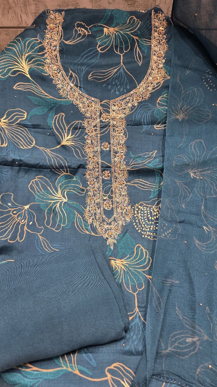 Embroidered Blue Unstitched Suit view 3