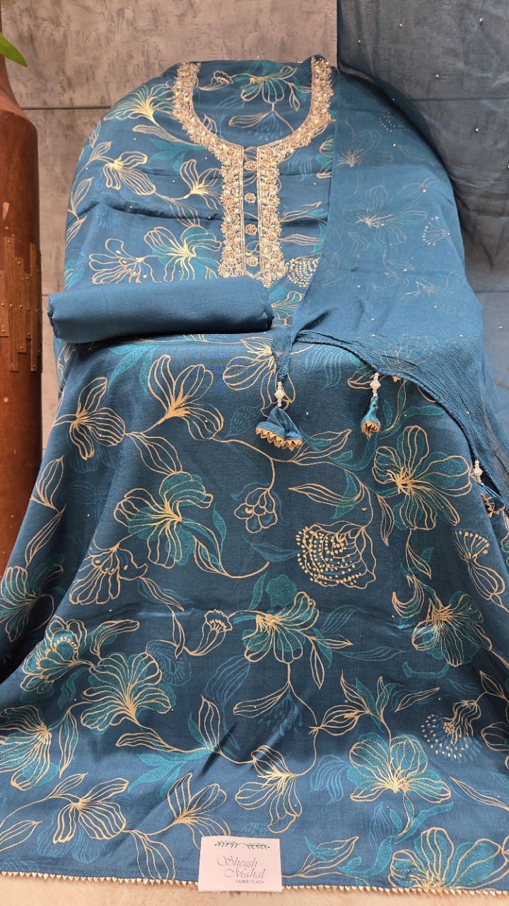 Embroidered Blue Unstitched Suit view 2