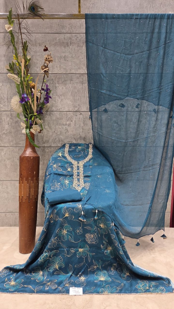 Embroidered Blue Unstitched Suit