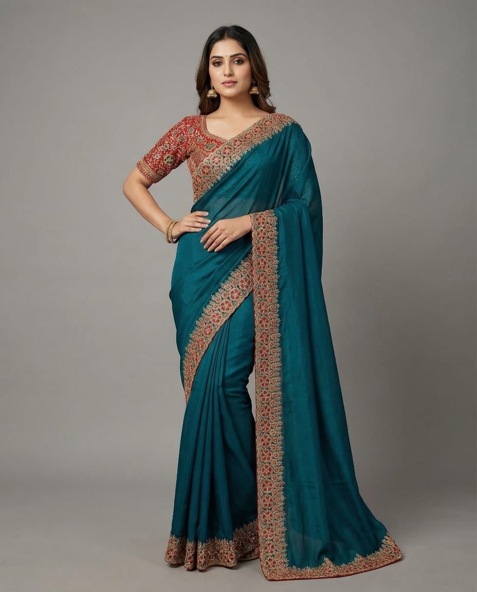 Teal Embroidered Sari by Ashok And Sons
