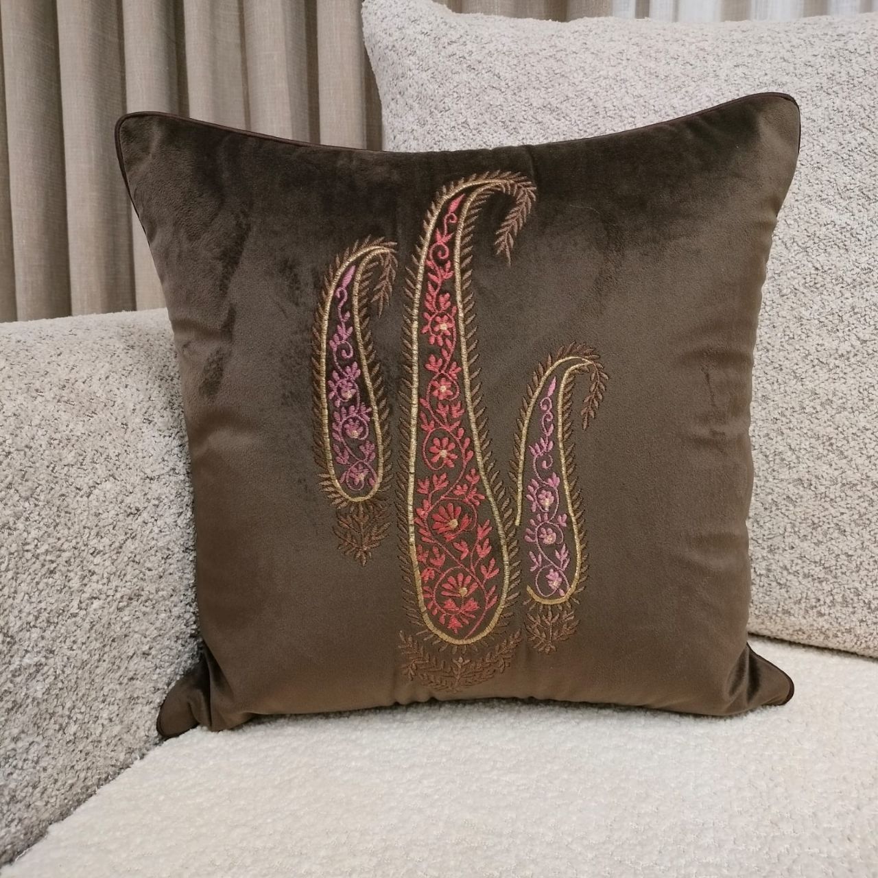 Linens Studio Brown Embroidered Velvet Cushion Cover CC-336 view 4