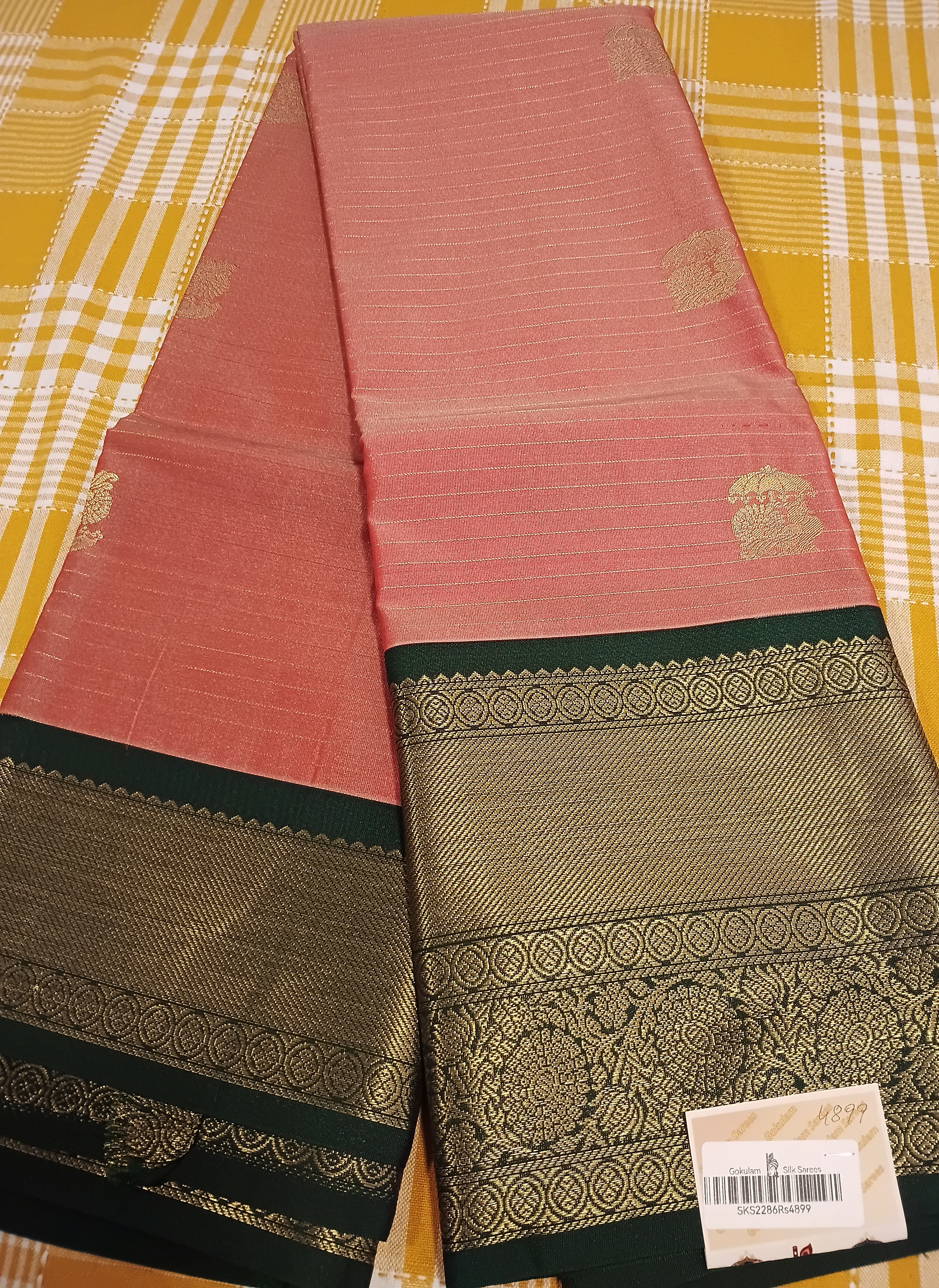 Peach Color With Bottle Green Semi Kanchi Silk 032 view 2