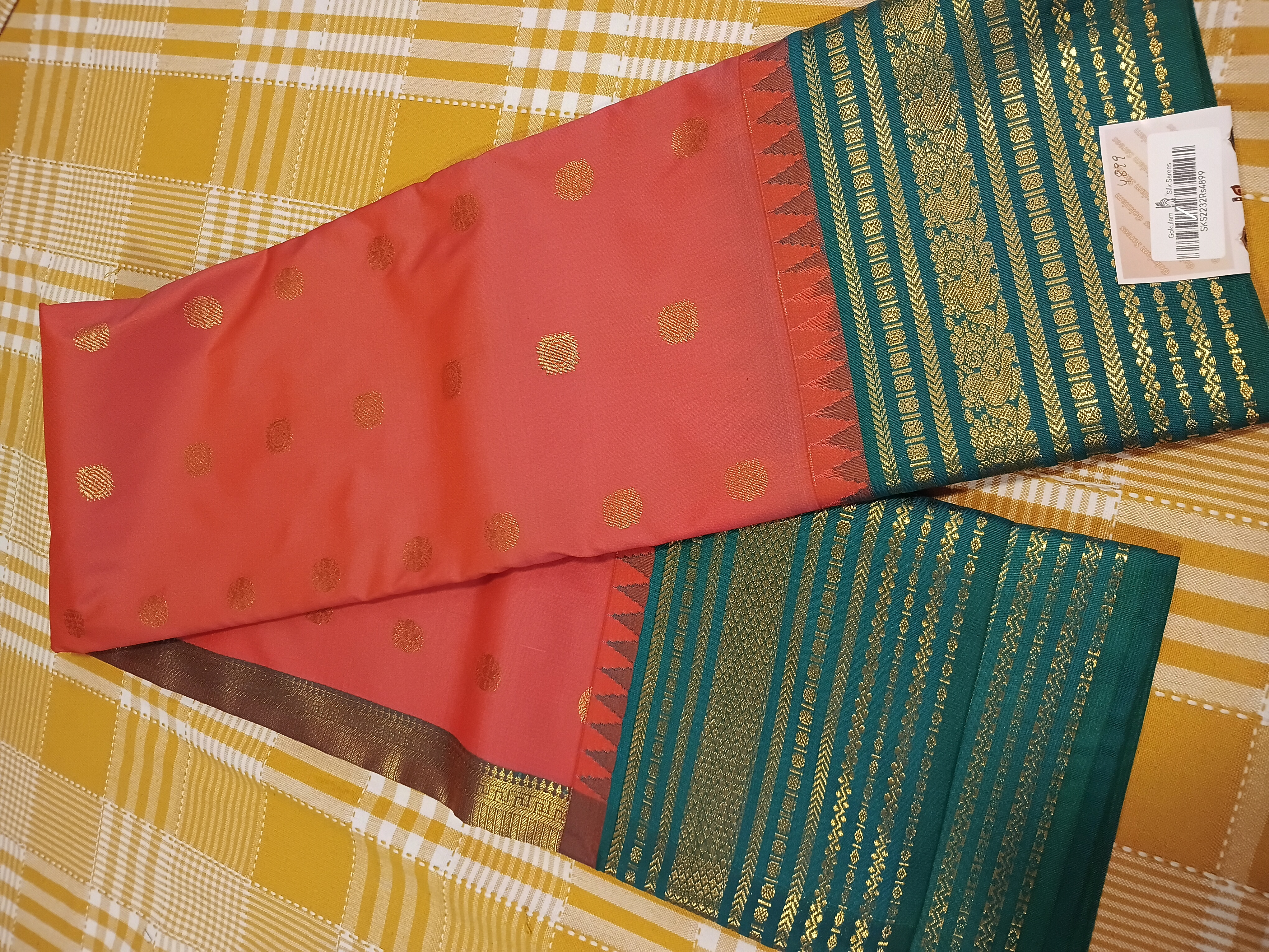 Semi Kanchi Silk Orange With Bottle Green 051 view 2
