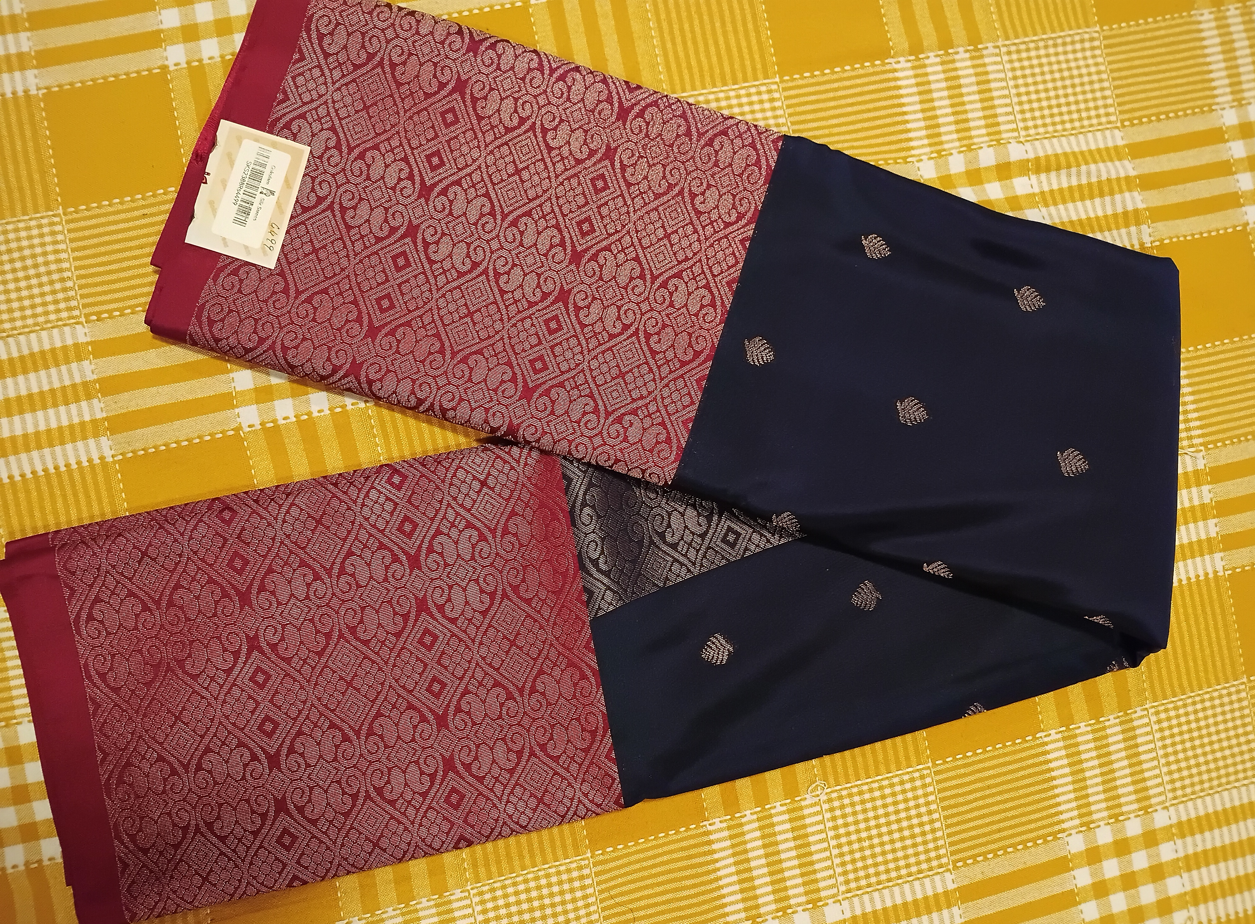 Dark Blue With Red Semi Kanchi Silk Saree 012 view 2