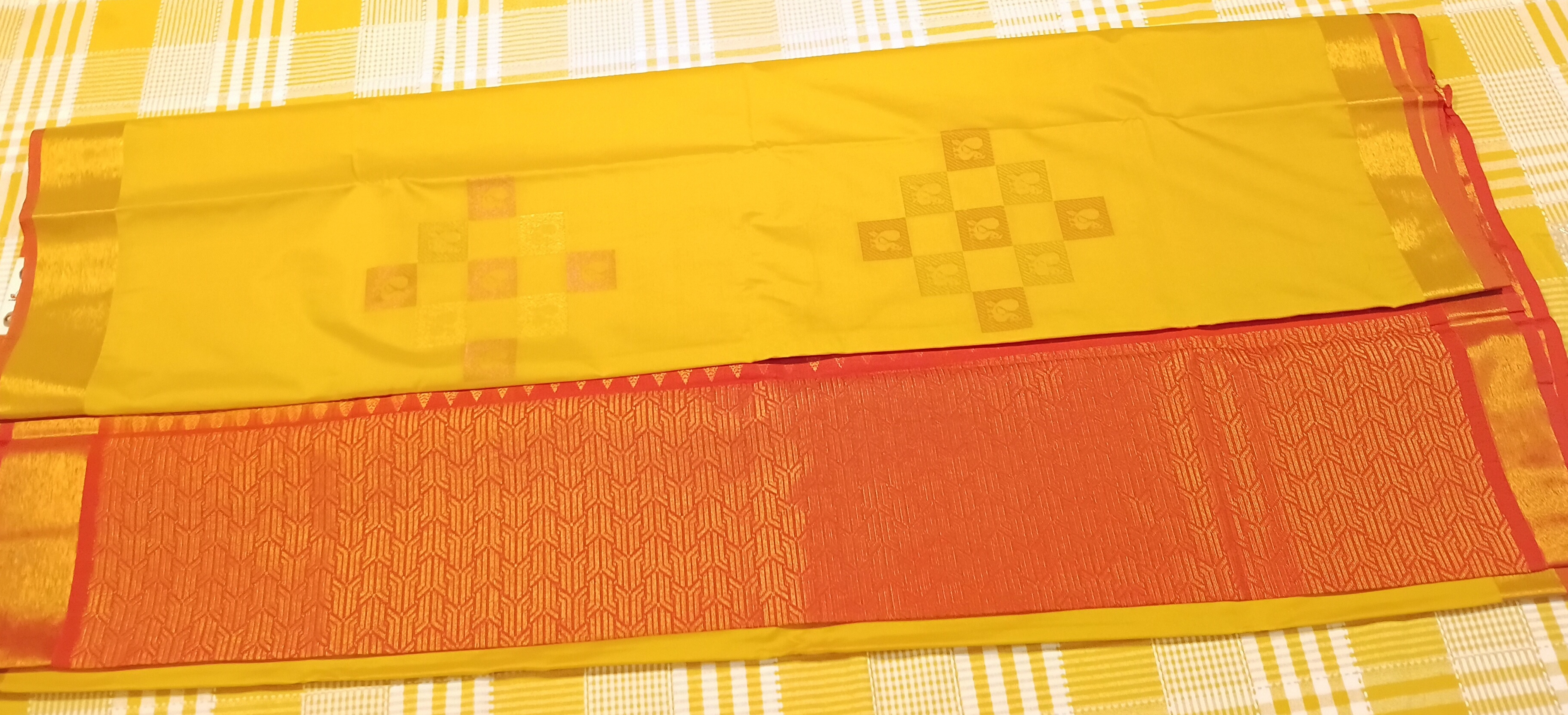 Yellow With Orange Semi Soft Kanchi Silk 077 view 2