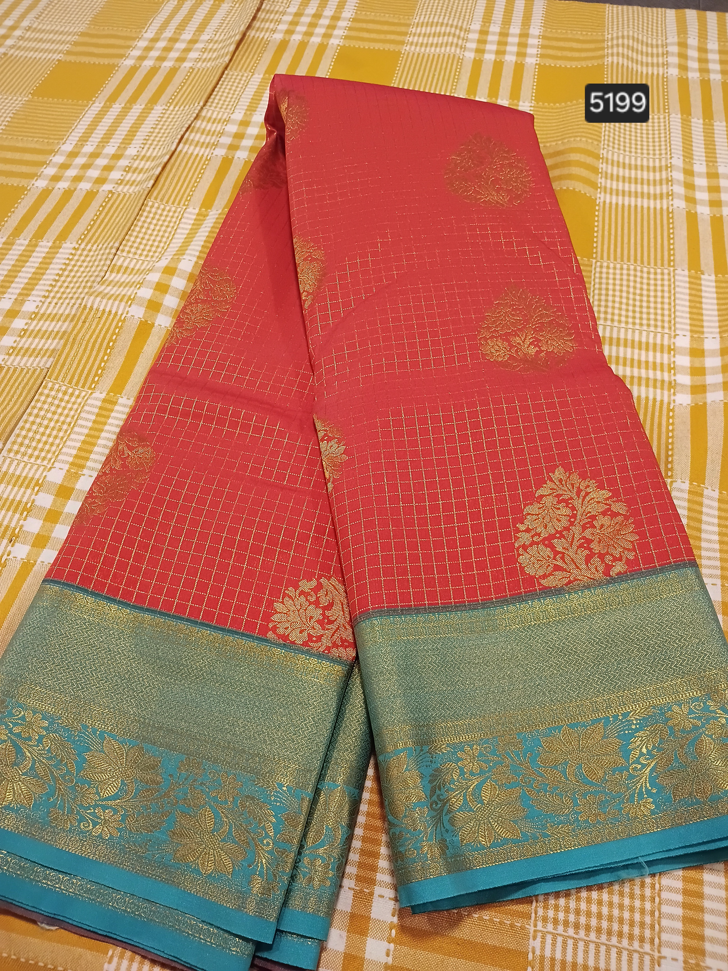 Red With Sky Blue Semi Kanchi Silk 048 view 2