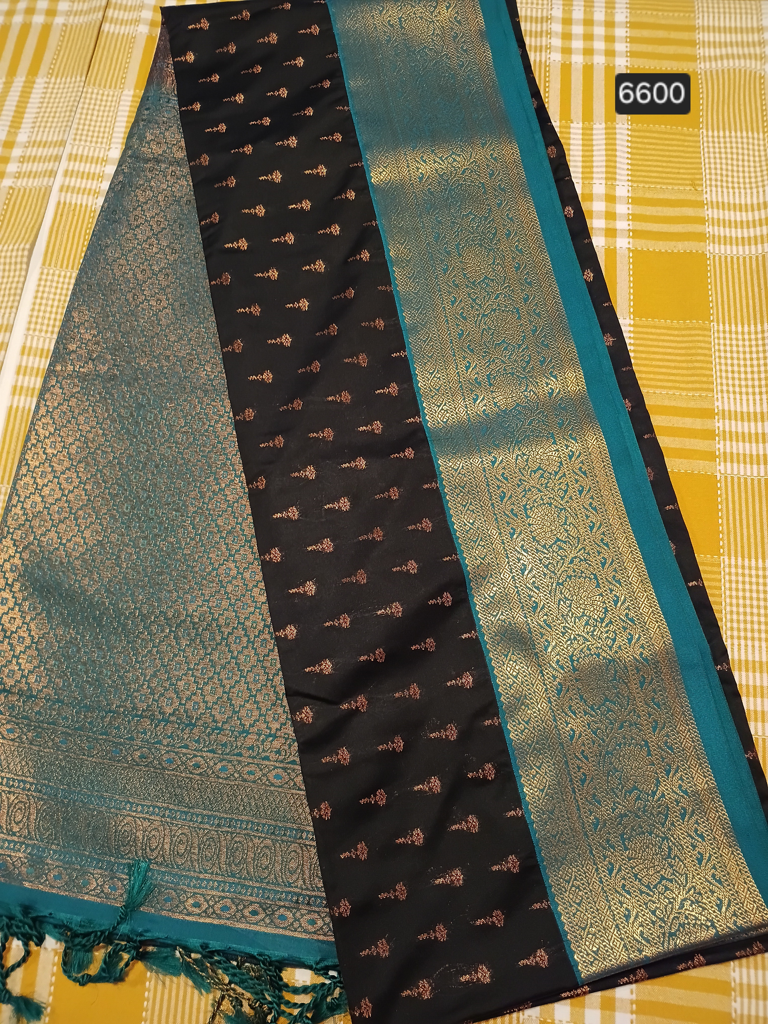 Black With Sky Blue Half Kanchi Silk 001 view 2