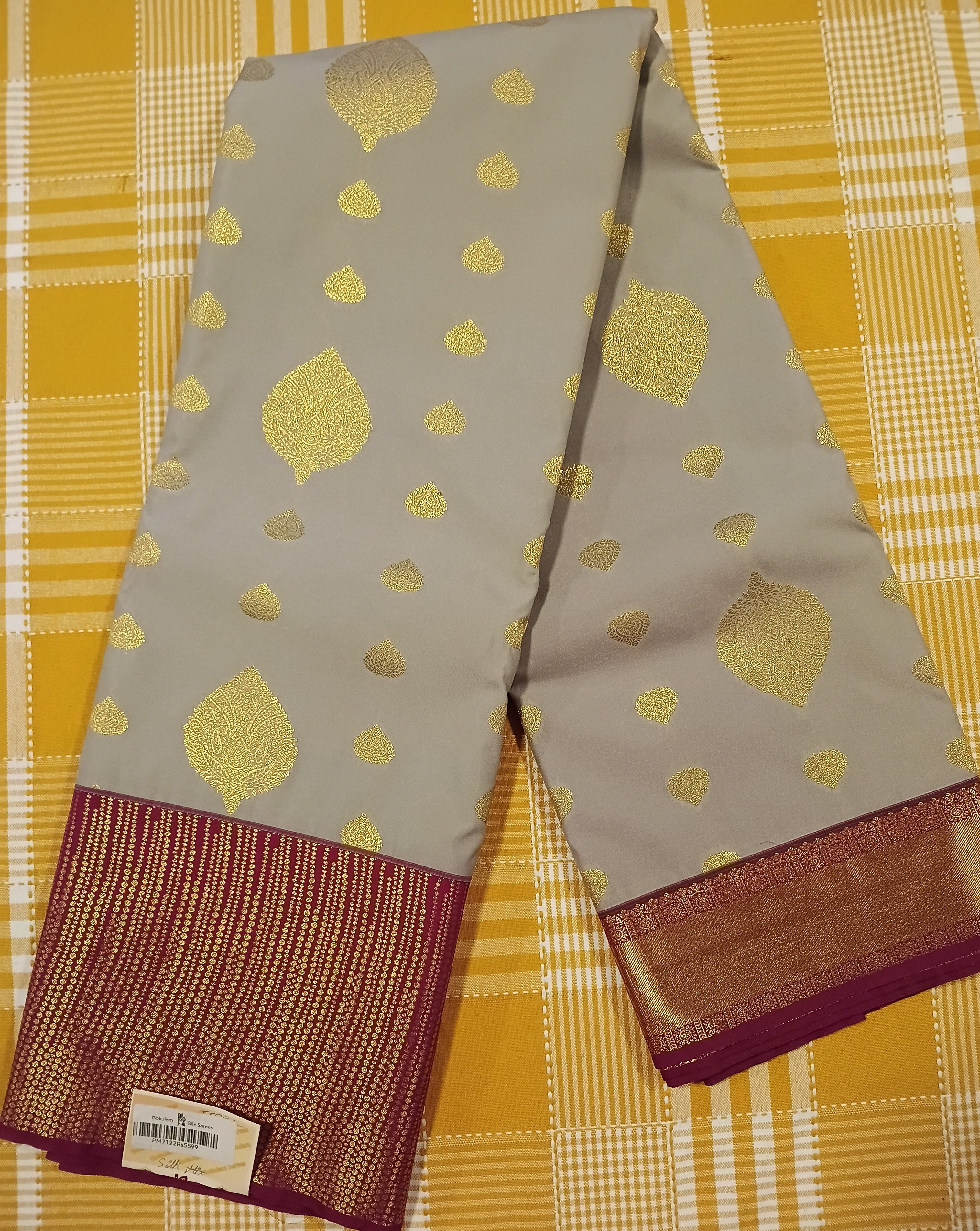 Light Grey With Wine Boarding Semi Kanchi Silk Saree 023 view 2