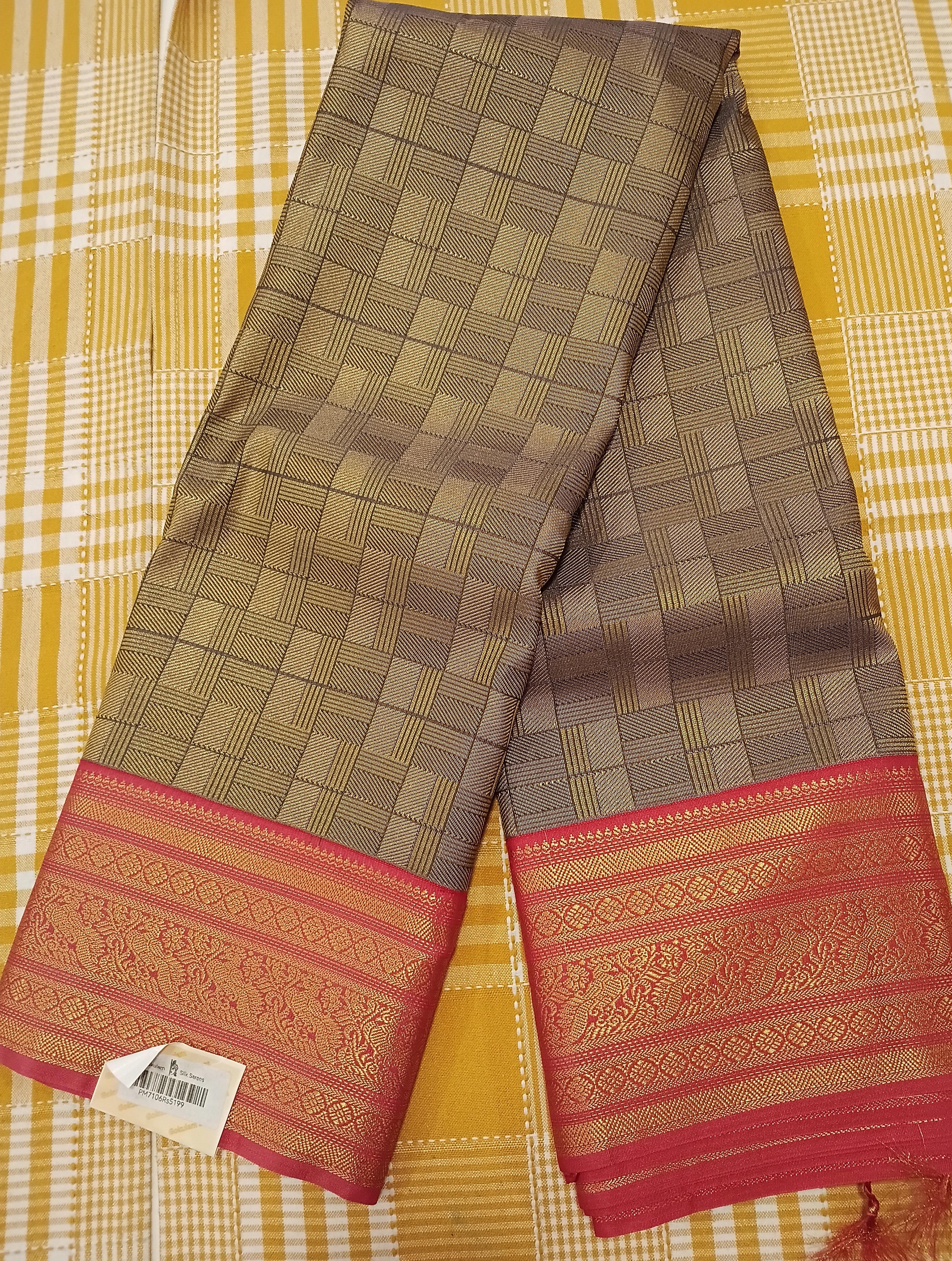 Tissu Silk Saree Brown Grey With Red Contrast 069 view 2