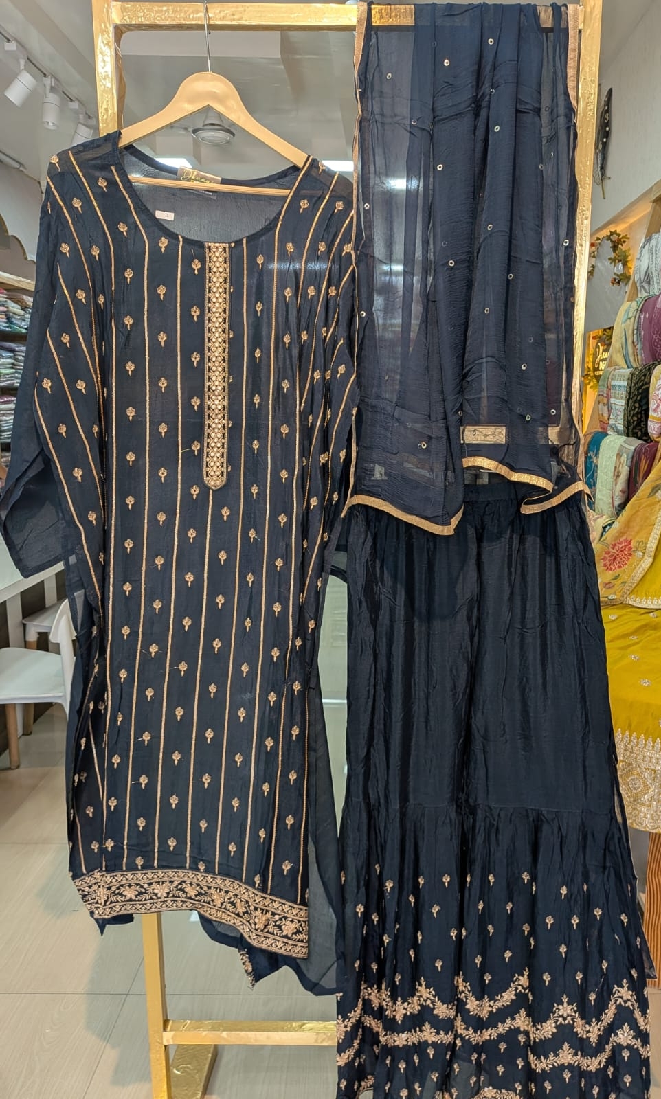 Pure Chinon Embroidered Sharara Semi Stitch Suit - Nevy Blue D / HC001673 view 6