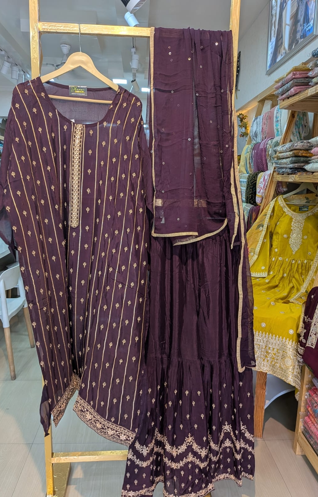 Embroidered Pure Chinon Sharara Semi Stitch Suit - Wine A-11 / HC001673 view 6