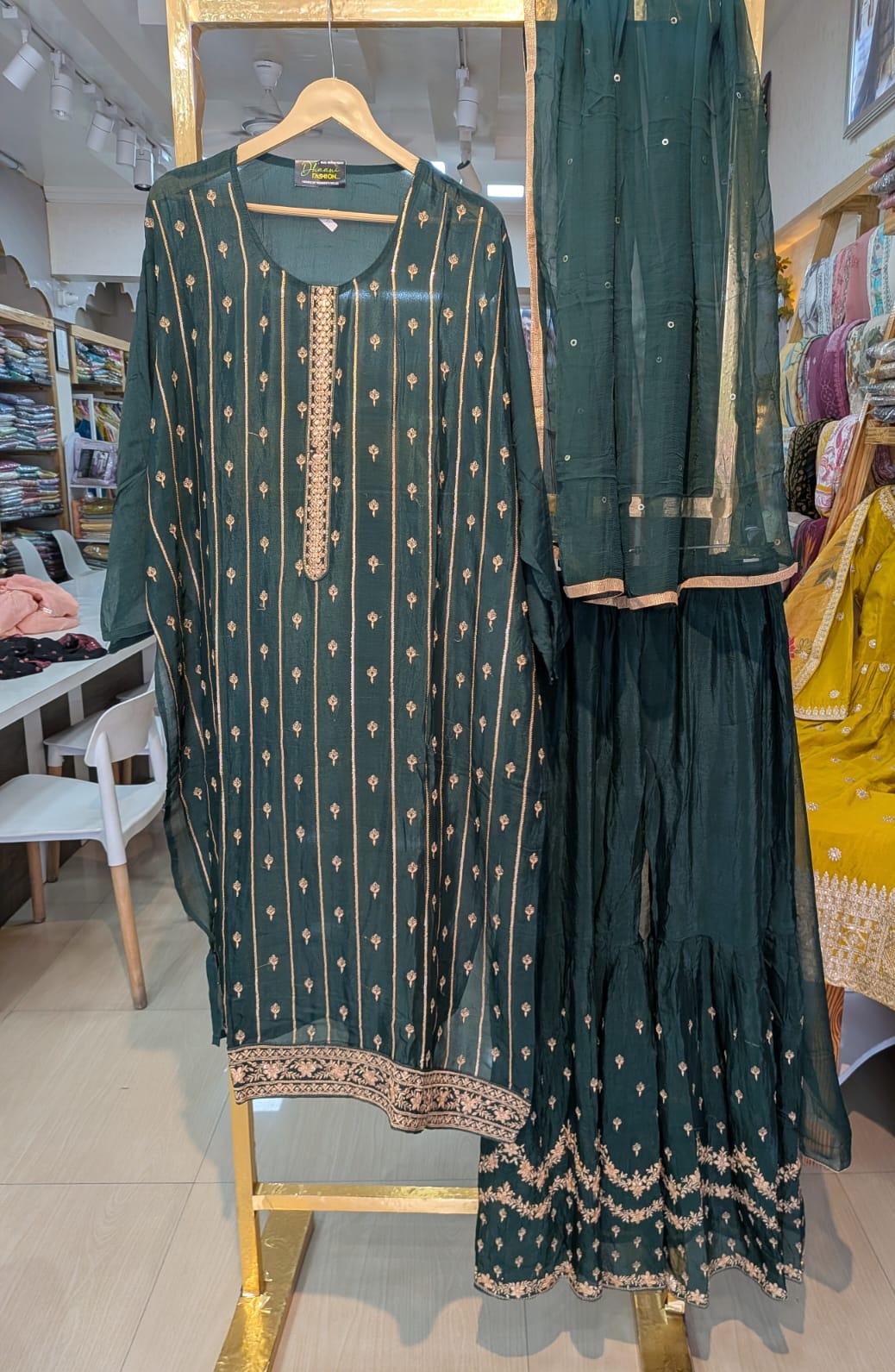 Pure Chinon Embroidered Sharara Semi Stitch Suit Green - C / HC001673 view 5