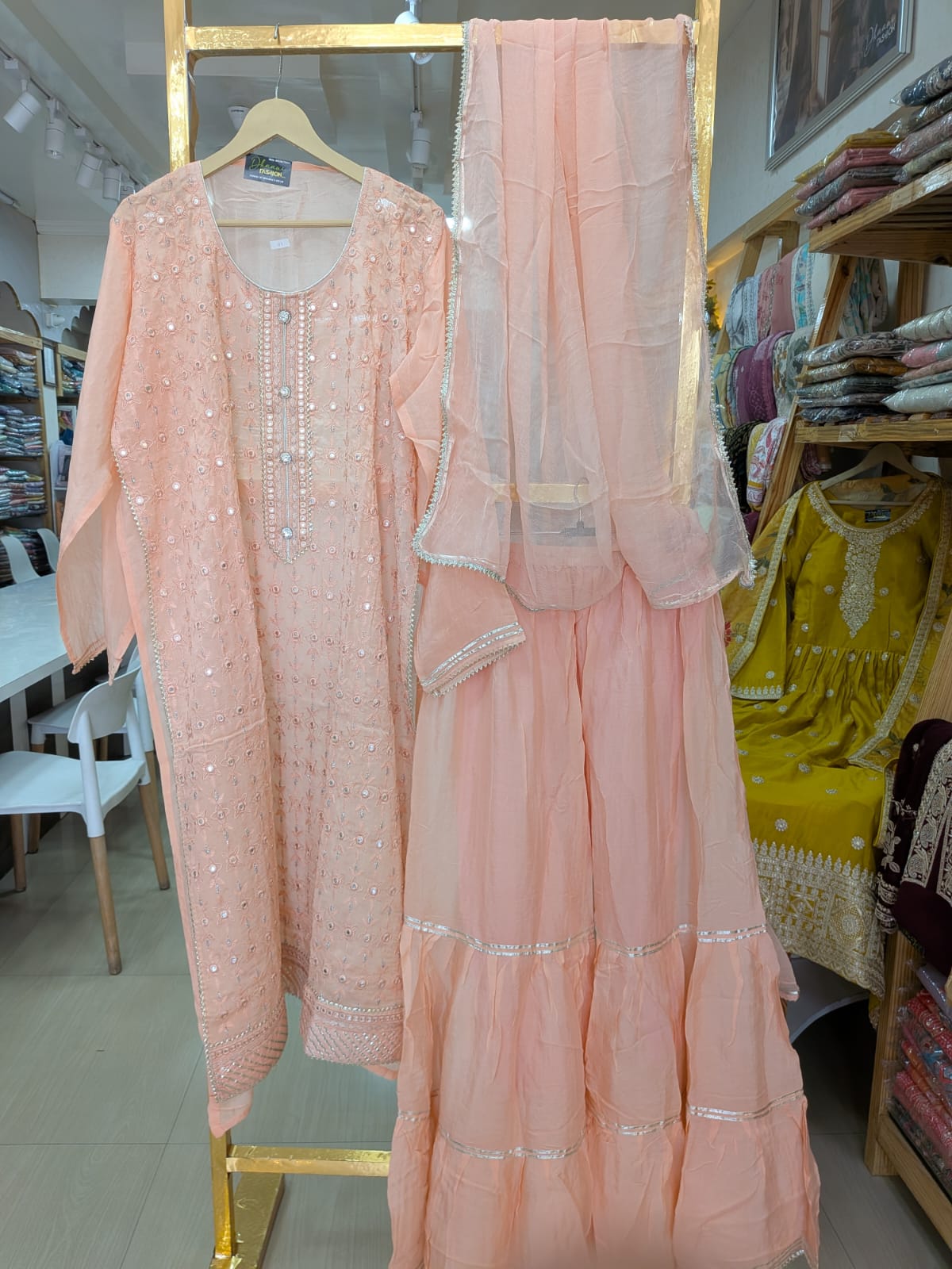 Semi Stitch Heavy Embroidered Chinon Sharara Semi Stitch Suit - Light Peech A -10 / HC001673 view 6