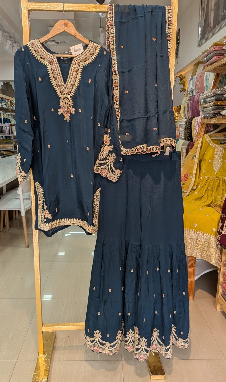 Embroidered Pure Chinon Sharara Stitched Suit - Pickcok Blue - L / SD00176 view 6