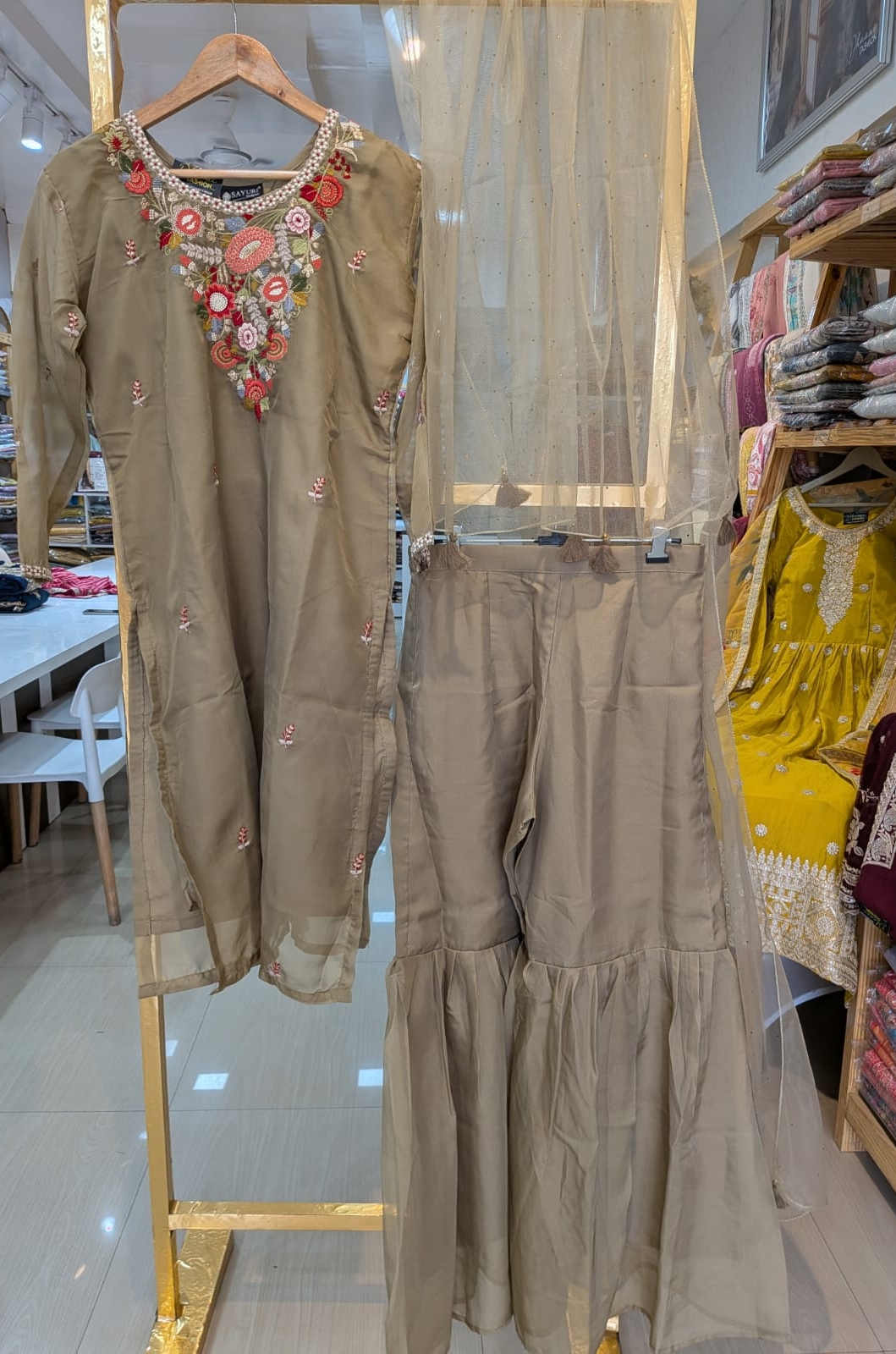 Pure Cotton Silk Dusty Golden Sharara Stitched Suit - 5414 / SD0049 view 6
