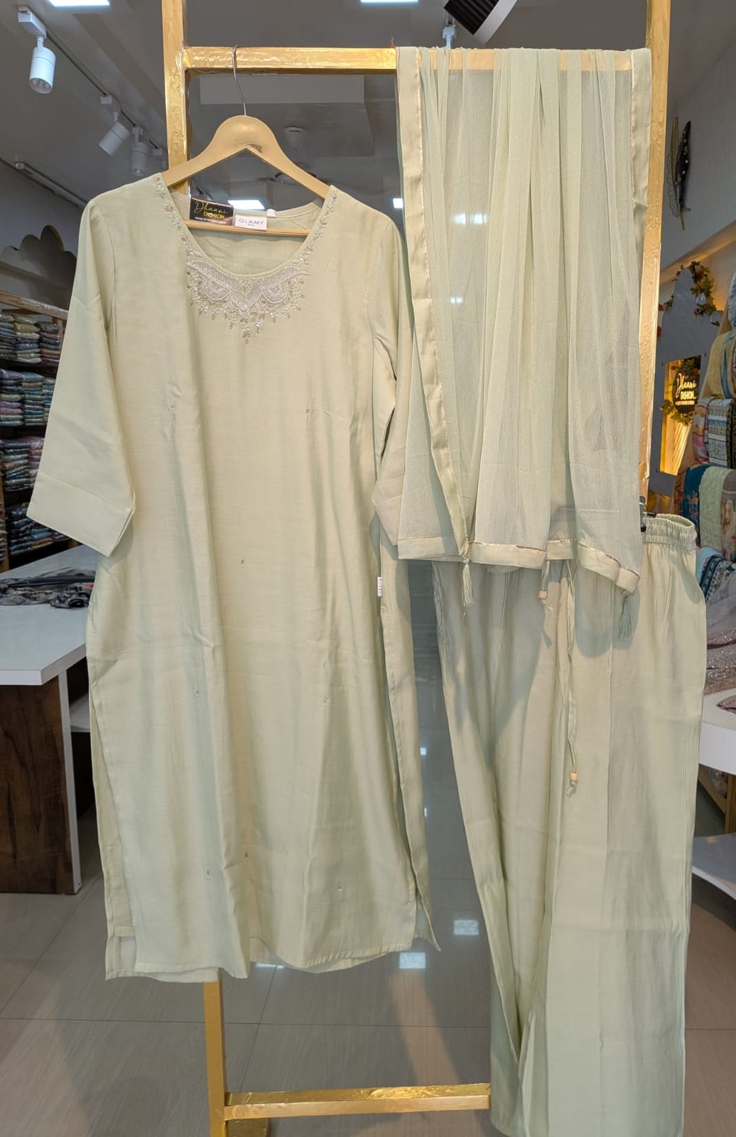Plain Modal Silk Stitched Suit-  Mint Green / HC002153 view 6