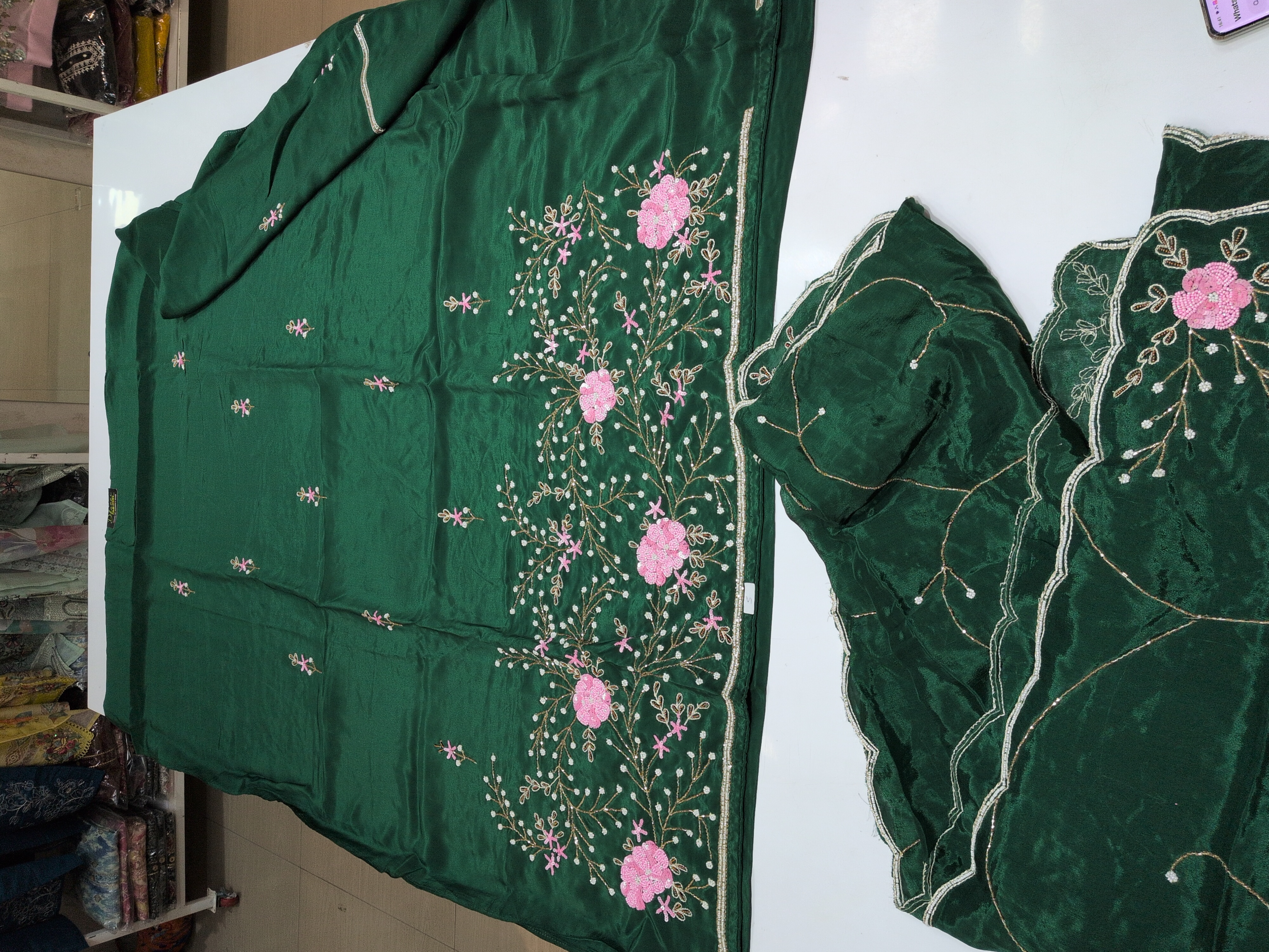 Heavy Embroidered Japani Creap Handwork Unstitched Suit - Green / HC001828 view 5