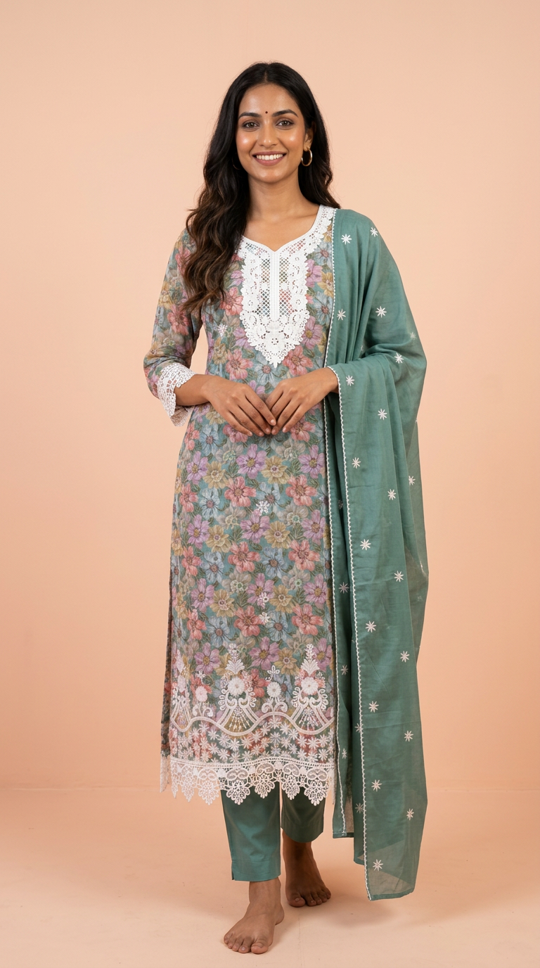 Floral Printed Viscose Cotton Lees Work Unstitched  Suit - Green / HC001640 view 6