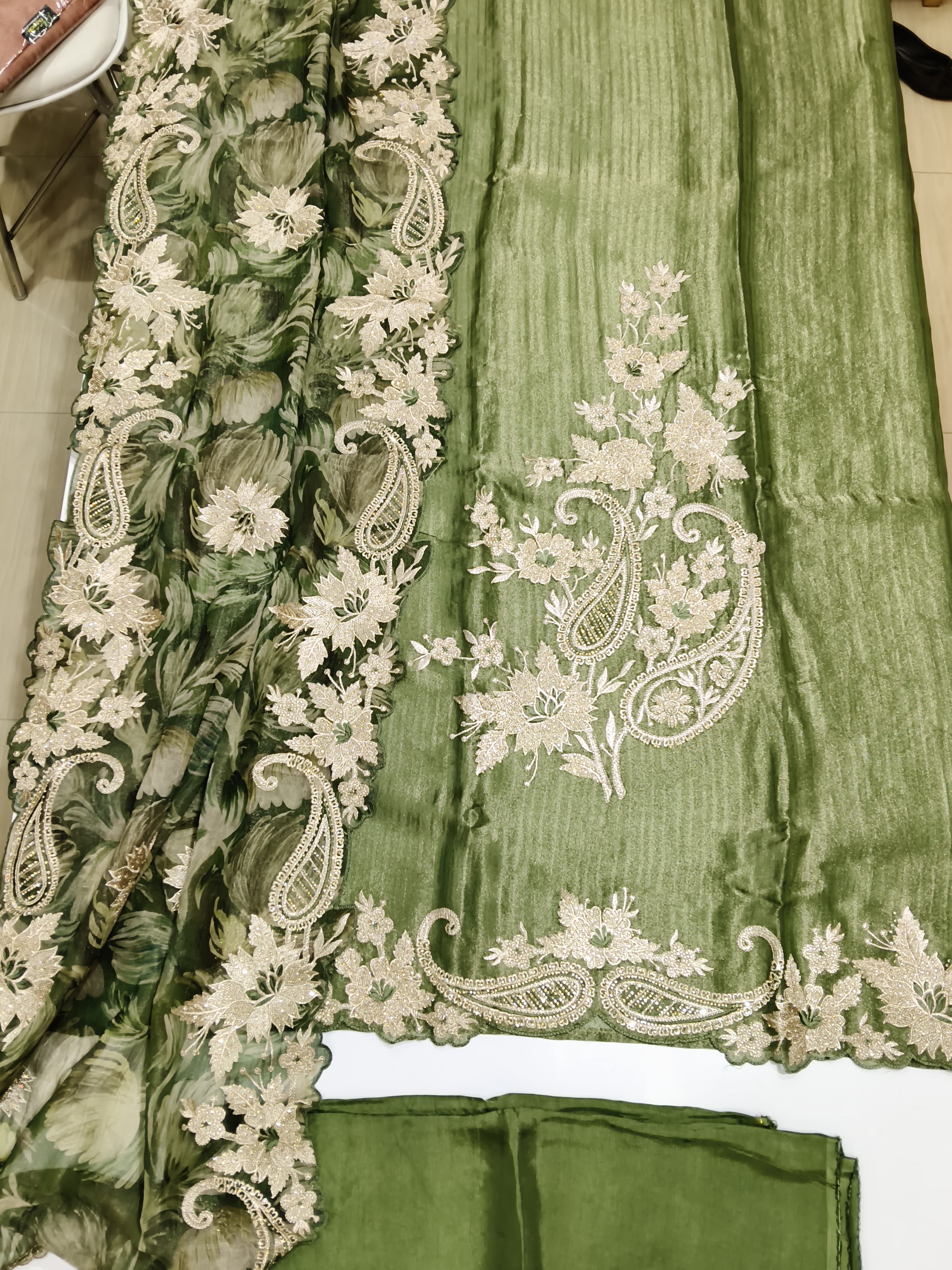 Heavy Embroidered Designer Party Wear Unstitched Suit - Green / HC002275 view 6