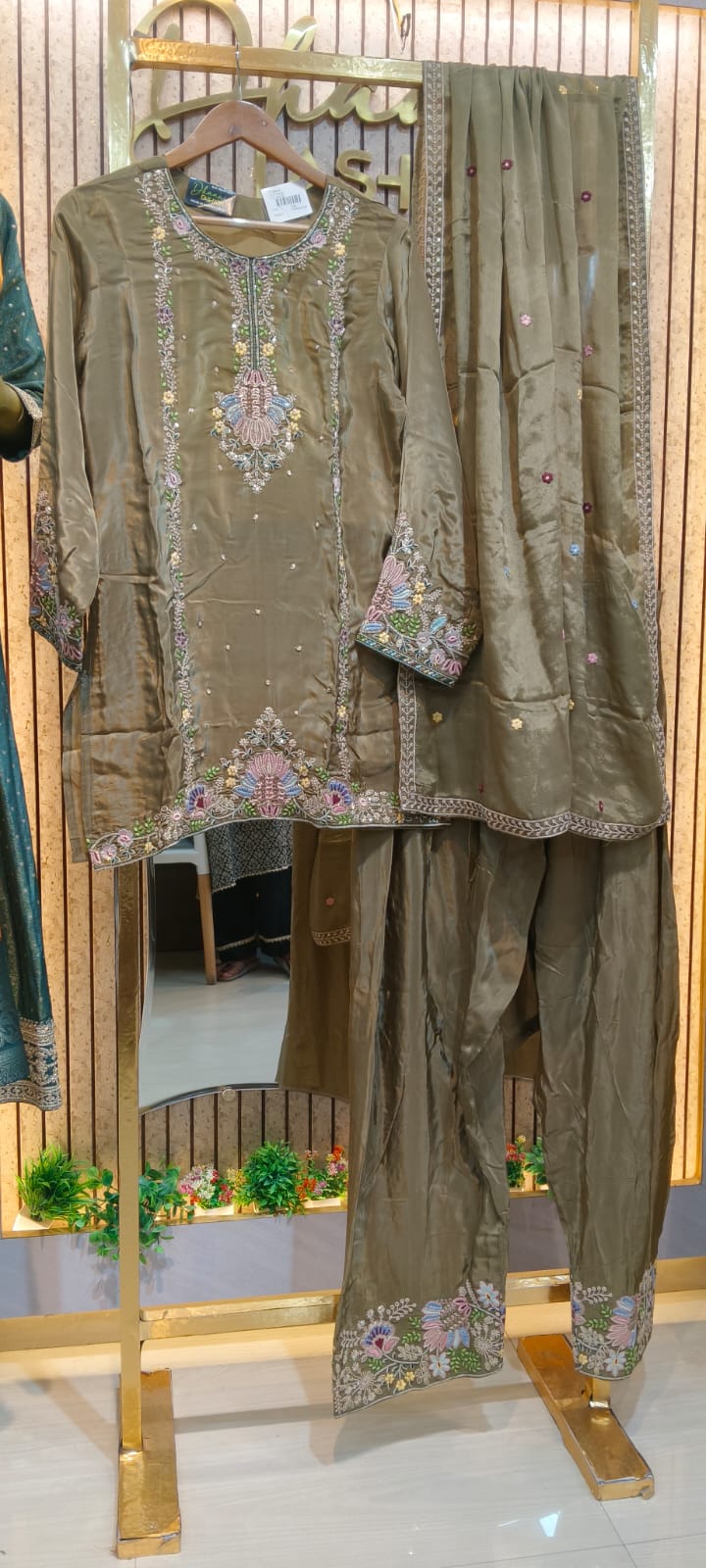 Fancy And Stylish Embroidered Silk Farshi Shalwar Suit - Mehndi XXL / SD00174 view 7