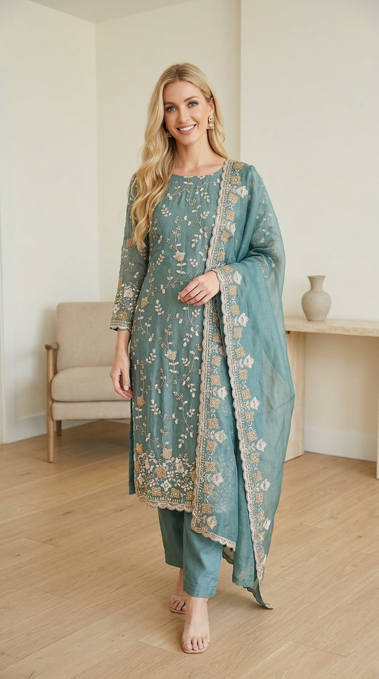 Heavy Embroidered Hand Work Crush Tissue Unstitched Suit - Firozi / HC002628 view 7