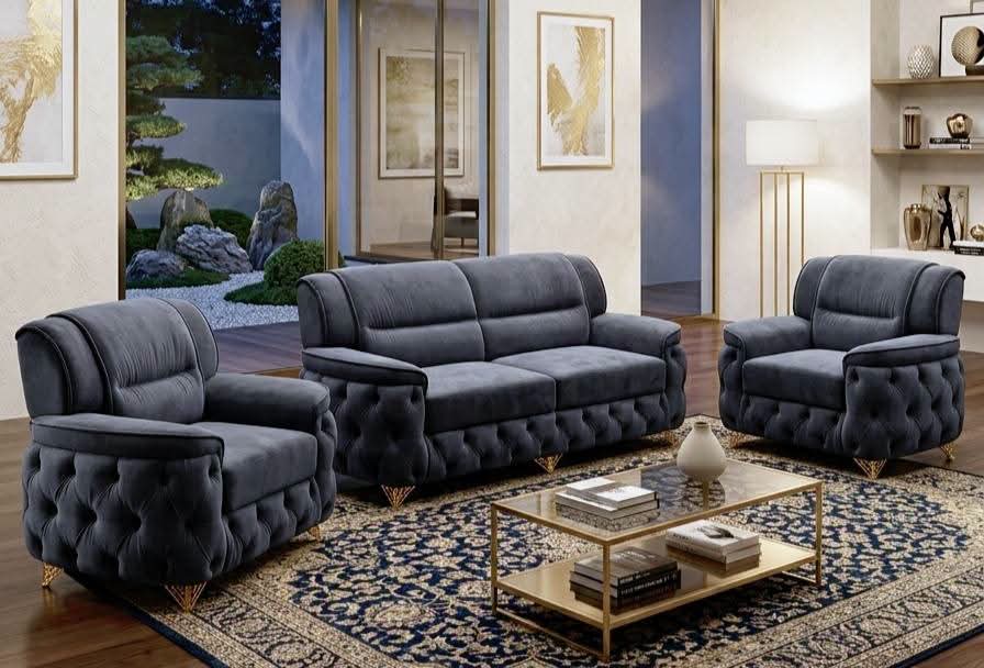 Elegant Navy Velvet Sofa Set view 2