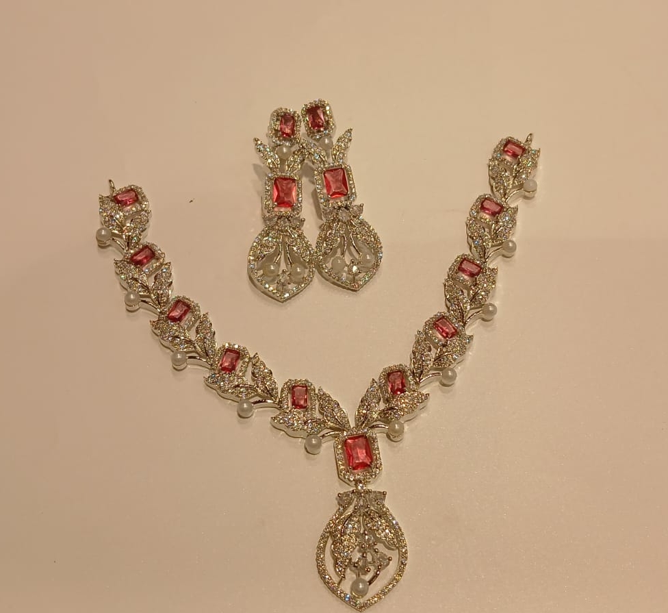 Elegant Ruby American Diamond Necklace Set view 3