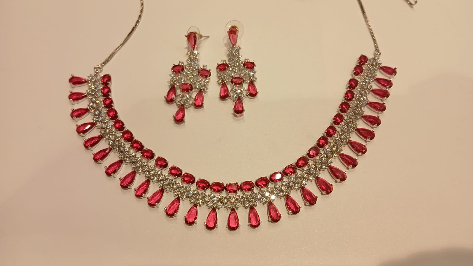 Ruby Crystal & American Diamond Necklace Set view 2