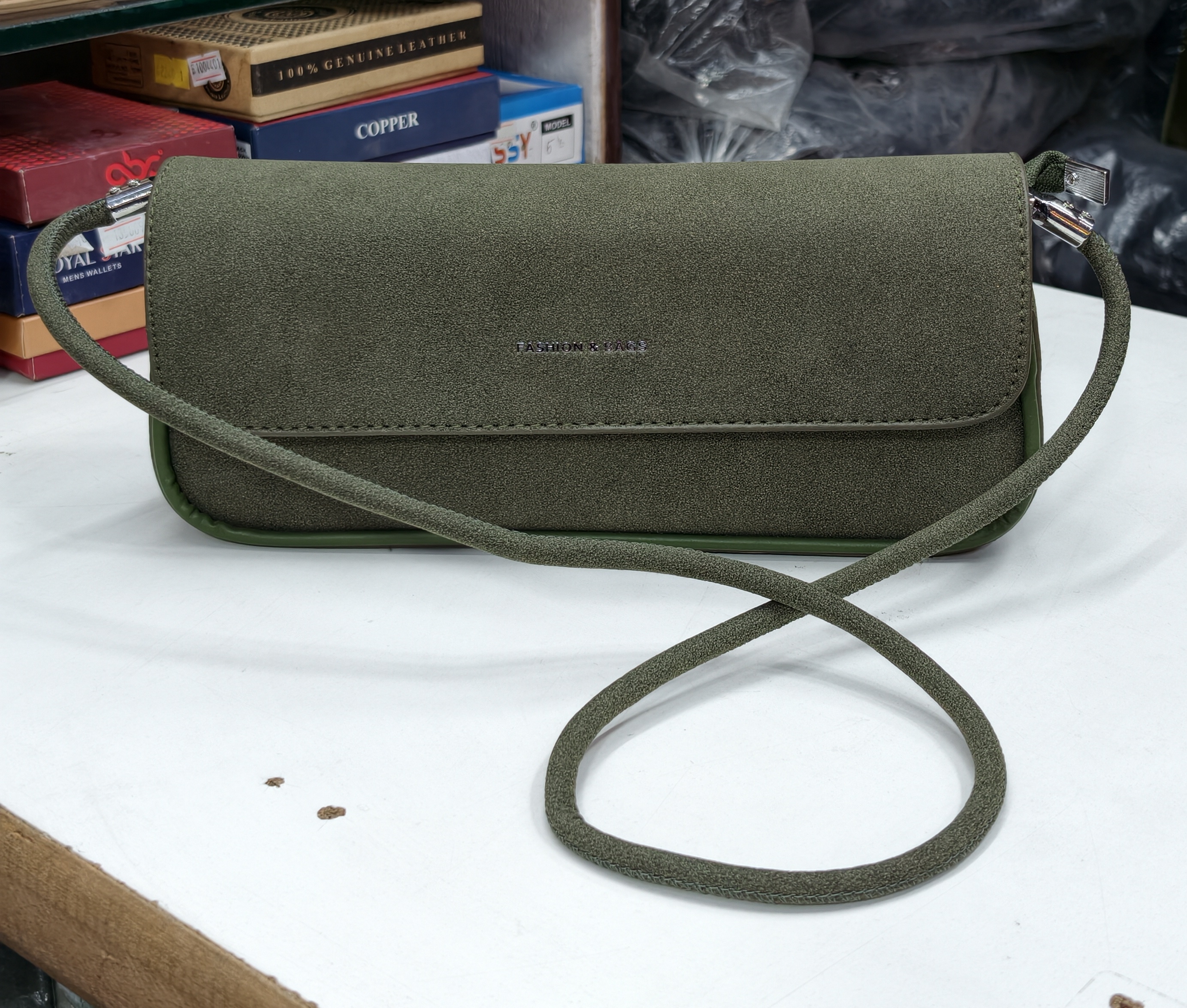 Olive Green Suede Clutch view 2