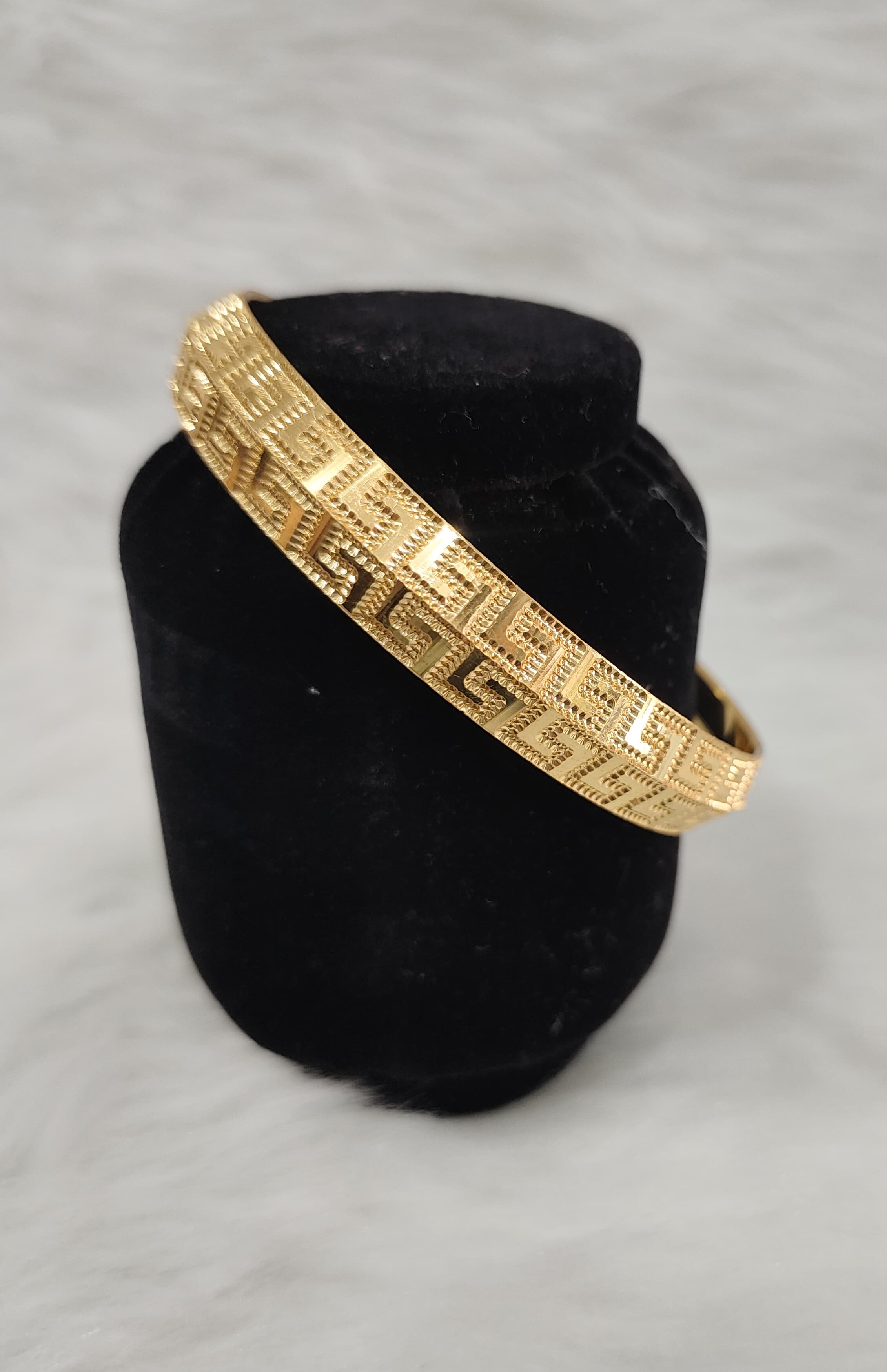 Gold Plated kada bracelet features a prominent Greek key pattern design view 3