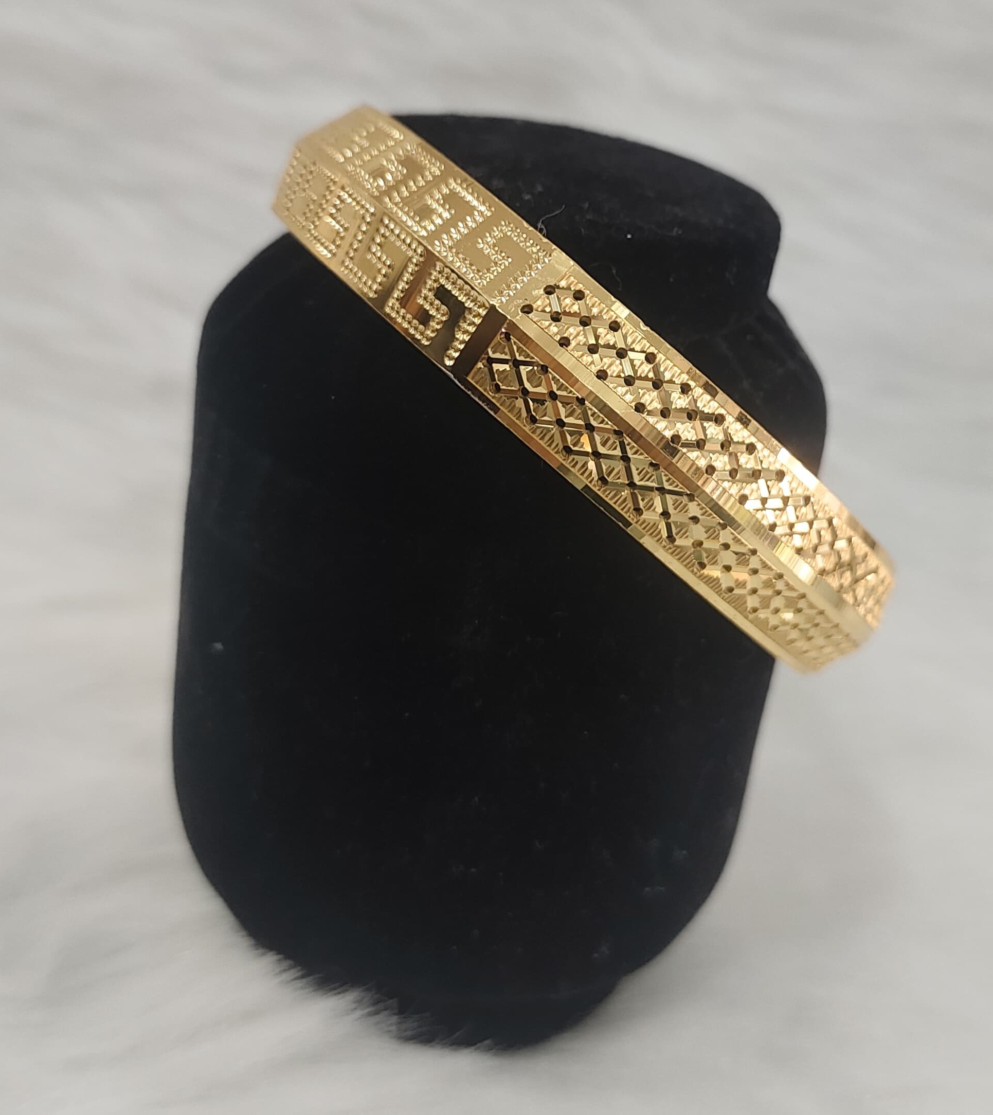Gold-plated kada bangle features a distinctive etched Greek key pattern and a polished finish with Laser CNC cutting view 3