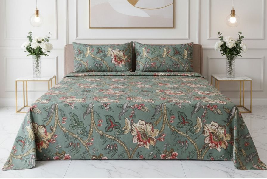 Anokhi Pure Cotton Elastic Fitted Double Bed Sheet With 2pillow Cover