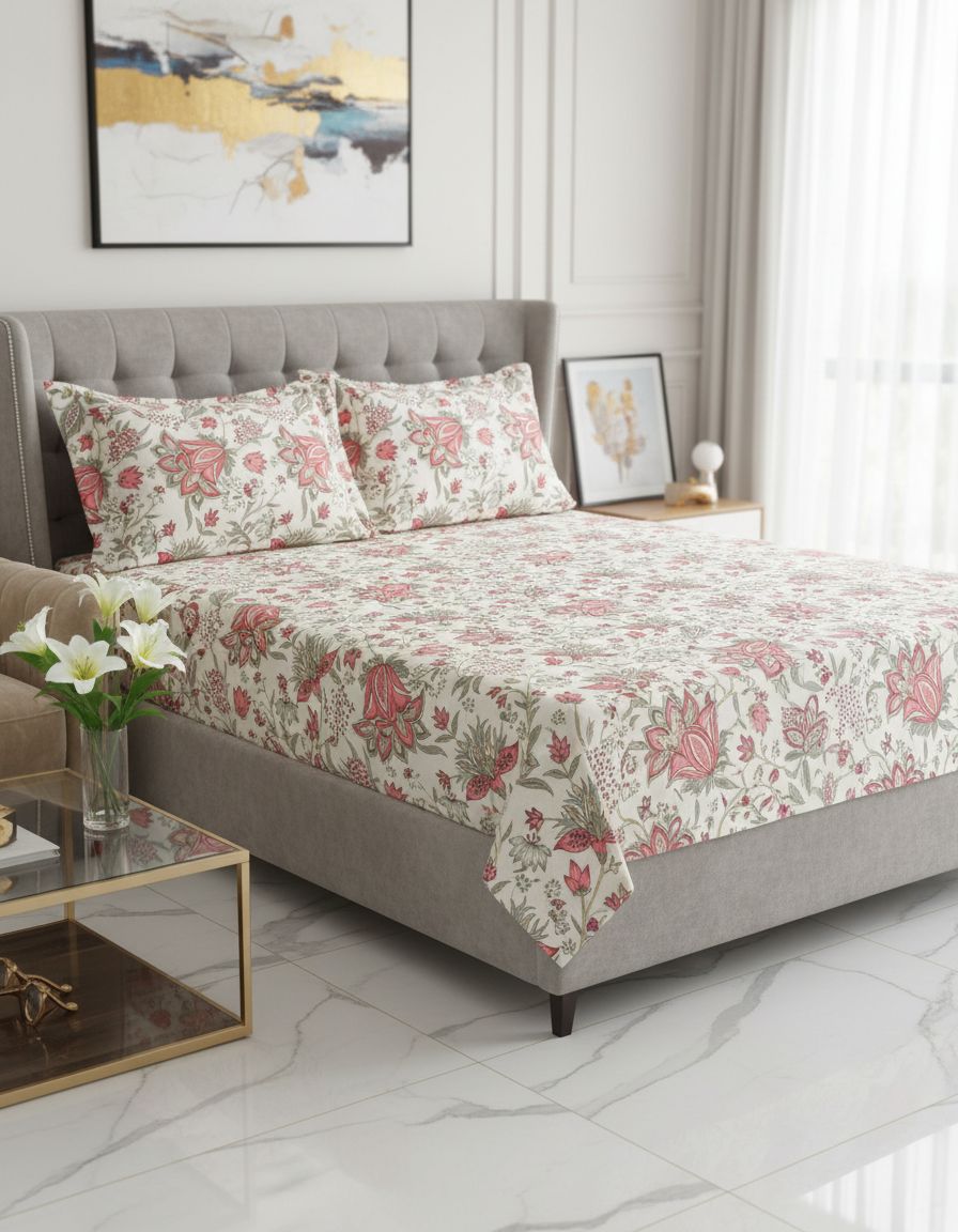 Anokhi Pure Cotton Elastic Fitted Double Bed Sheet With 2pillow Cover view 2