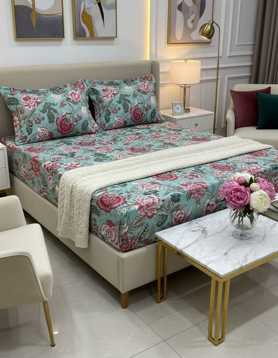 Anokhi Pure Cotton Elastic Fitted Double Bed Sheet With 2pillow Cover view 3