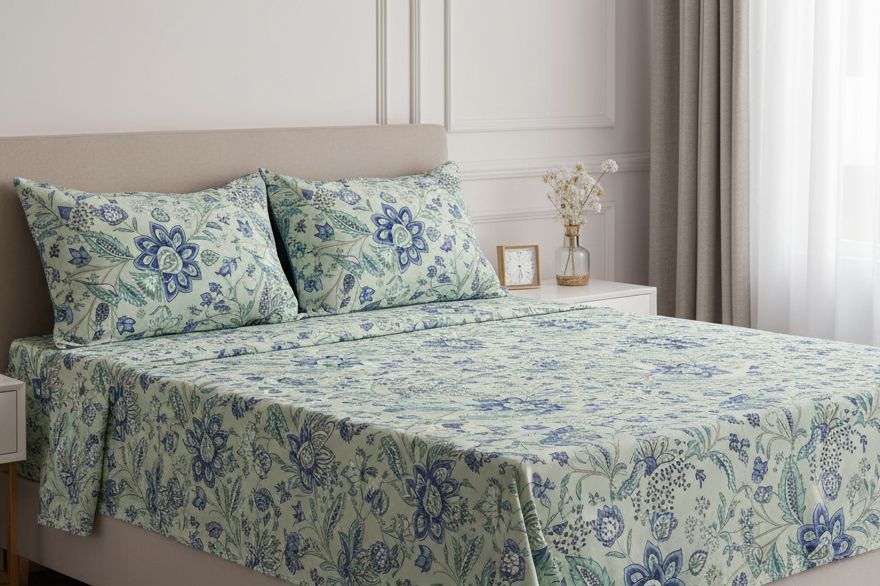 Anokhi Pure Cotton Elastic Fitted Double Bed Sheet With 2pillow Cover view 4