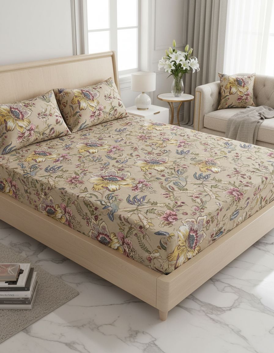 Anokhi Pure Cotton Elastic Fitted Double Bed Sheet With 2pillow Cover view 7