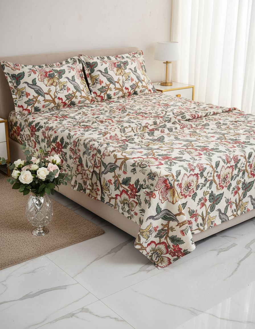 Anokhi Pure Cotton Elastic Fitted Double Bed Sheet With 2pillow Cover view 5