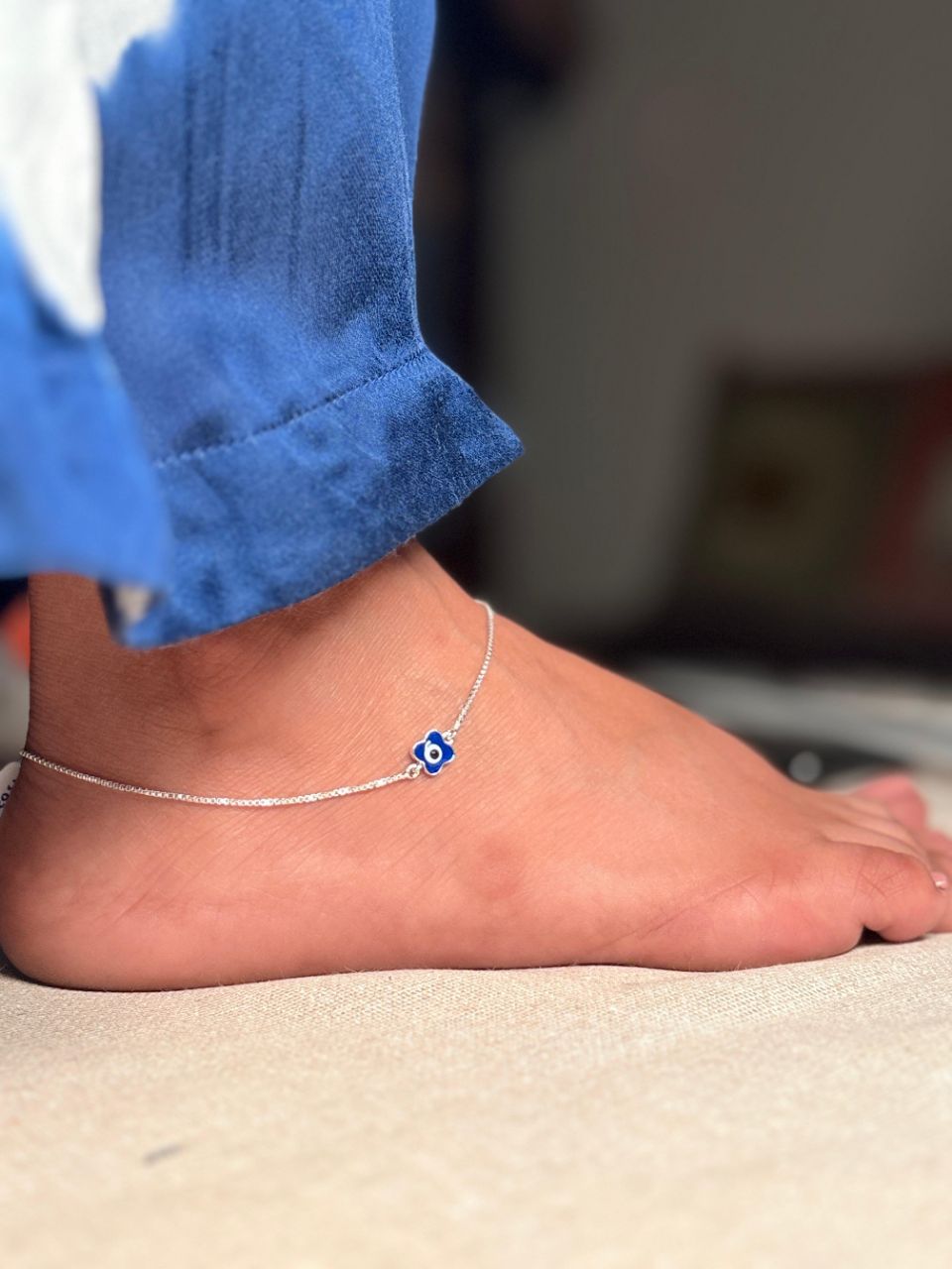 Blue Floral Anklet Evil Eye view 3
