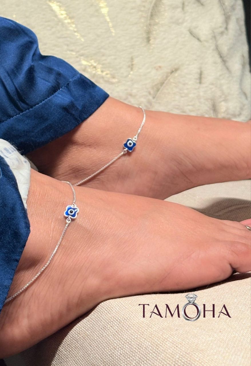 Blue Floral Anklet Evil Eye view 5