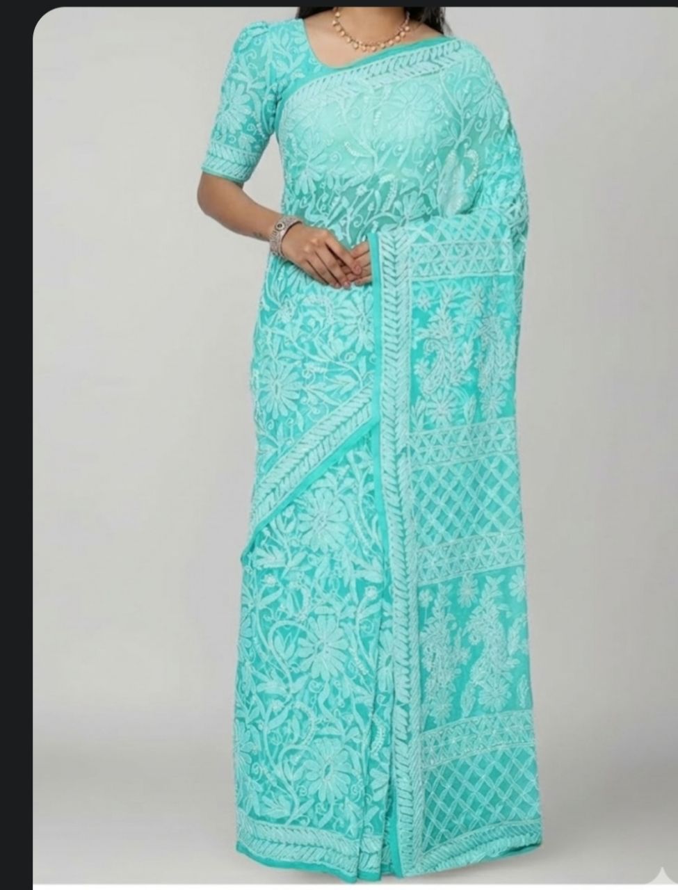 Grace Collections Lucknow Chikan Chiffon Saree view 2