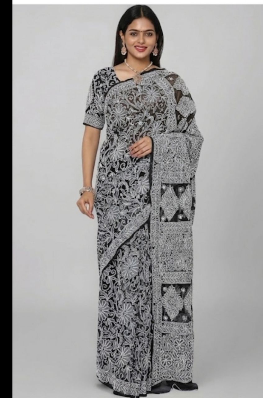 Elegant Black and White Full Jaal WorkChickankari Saree
