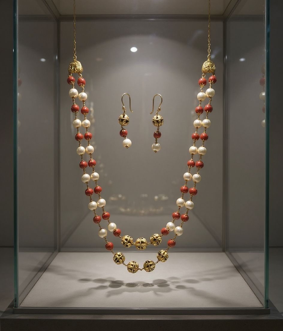 Traditional Coral Pearl Gold Necklace Set